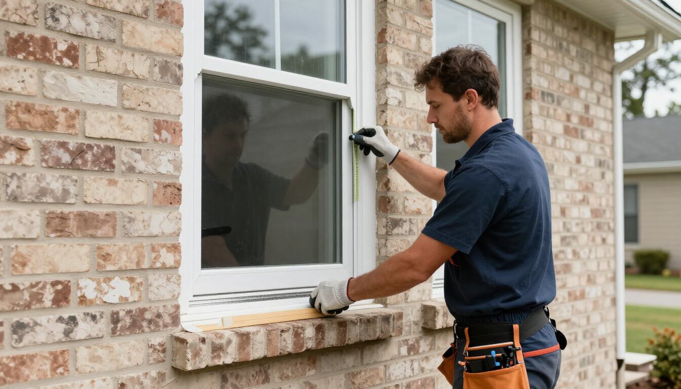 Professional installer applying flashing and air sealing around a replacement window