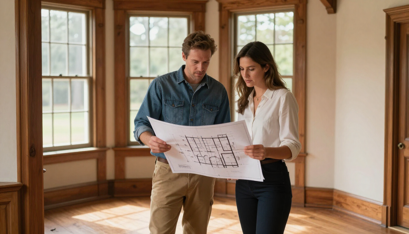 Historic home contractor reviewing original trim and renovation plans
