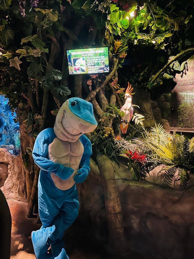 A person dressed in a blue and white shark costume