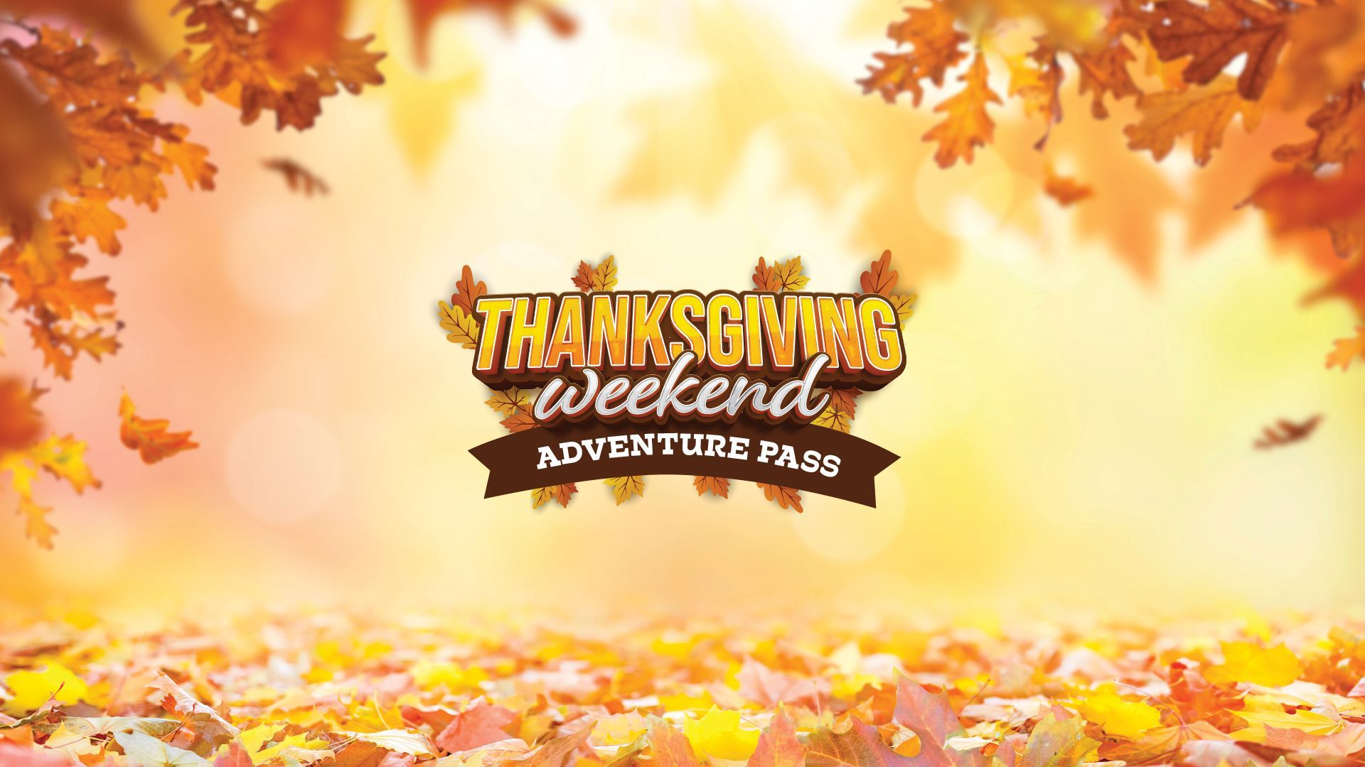 Thanksgiving Weekend Adventure Pass promo with autumn leaves and warm golden background