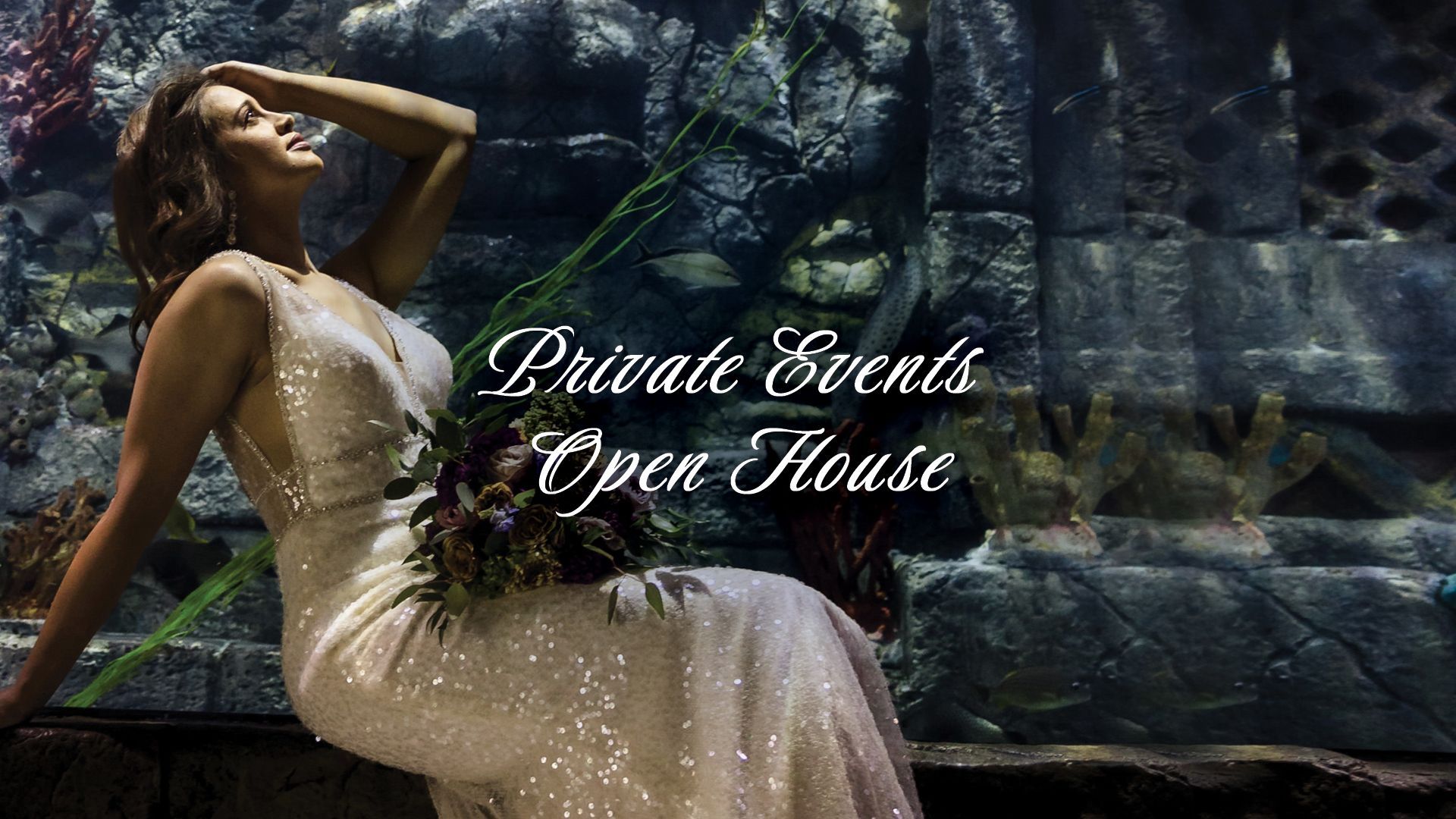 Woman in white gown posing by a waterfall with “Private Events Open House” text overlay
