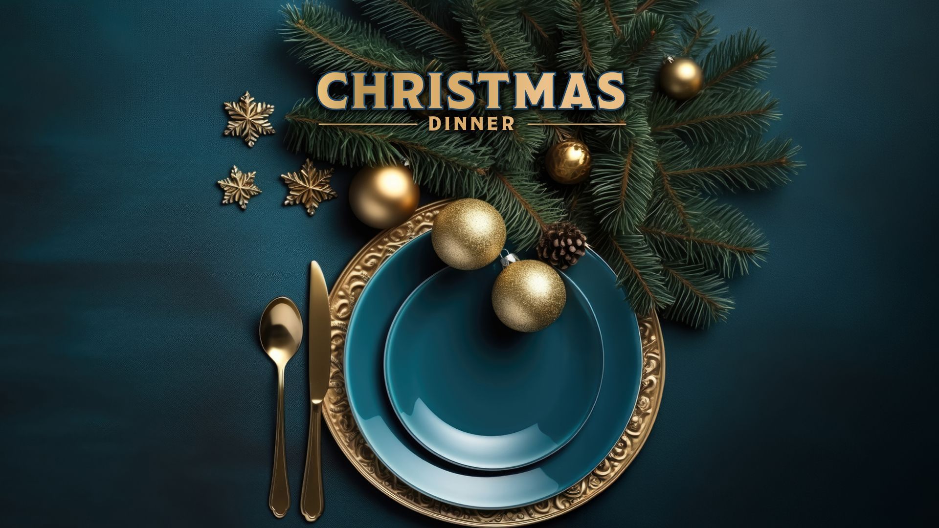 Christmas dinner table setting with blue and gold plates, ornaments, evergreen branches, and cutlery