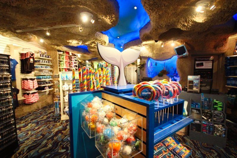 A store with a whale tail on top of a display of lollipops