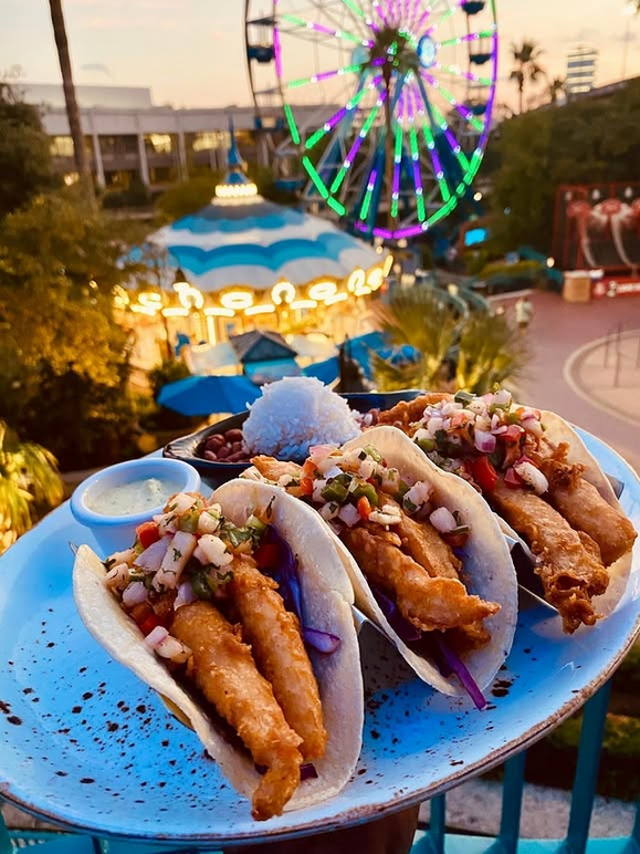 A person is holding a plate of food with a ferris wheel in the background.