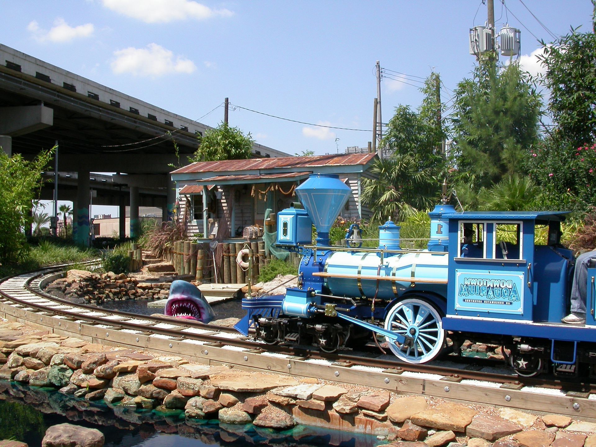 A blue train with a shark on the side of it