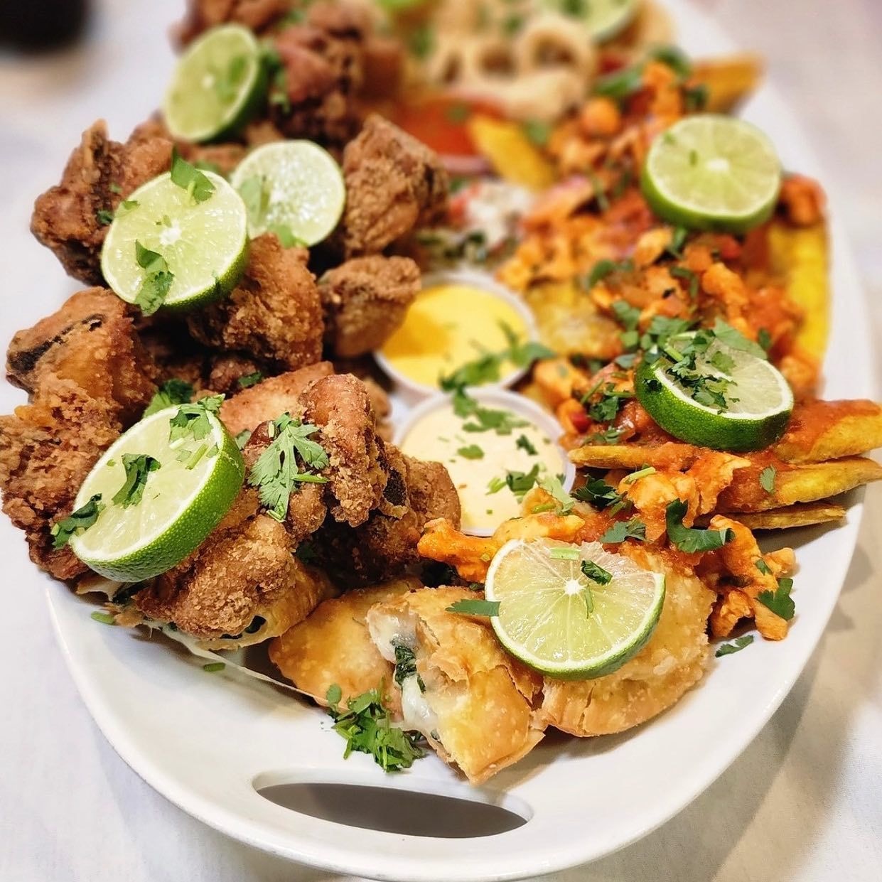 Oval platter of fried foods: chicken, plantains, empanadas, topped with lime slices and cilantro.