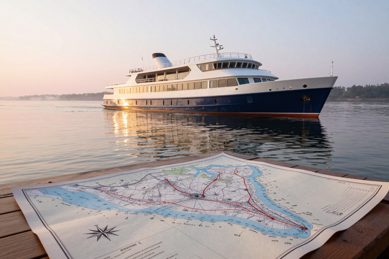 River cruise vessel on calm water