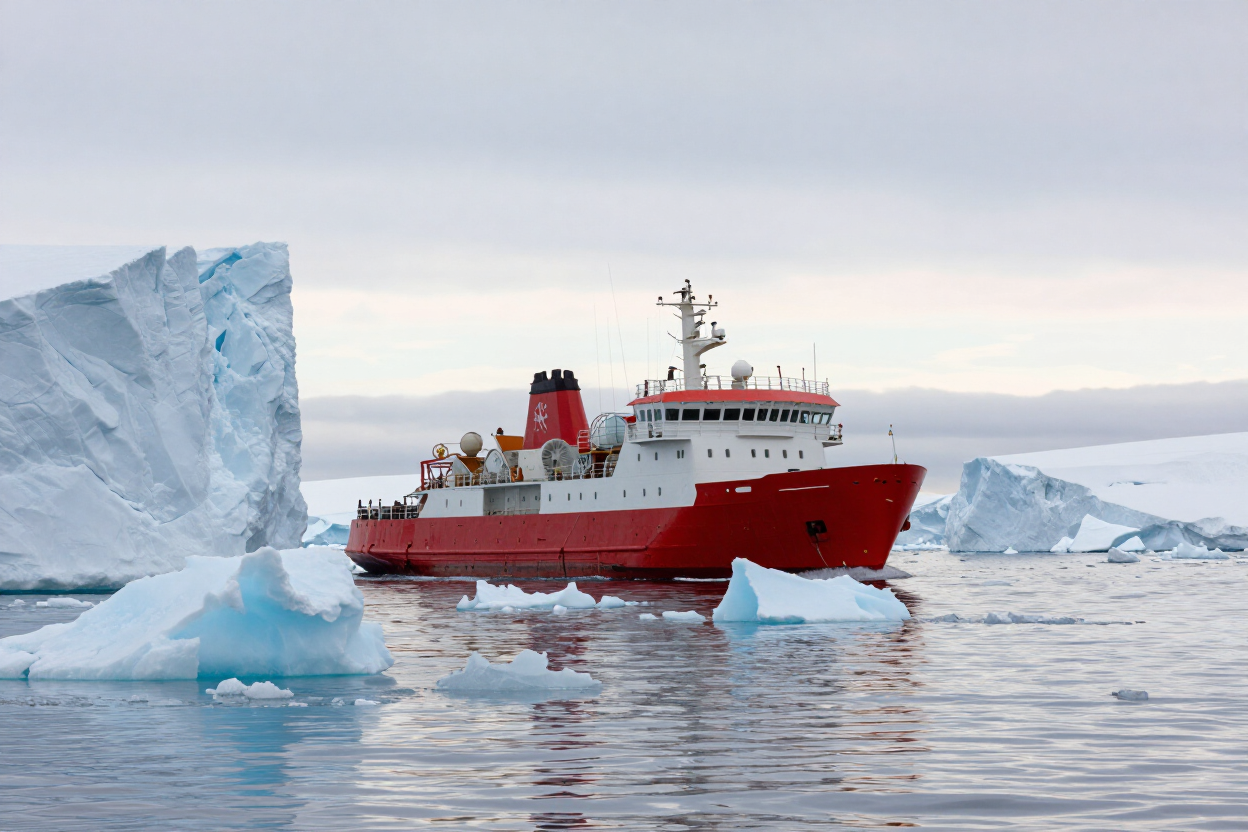 Red-hulled polar expedition ship surrounded by Arctic ice formations