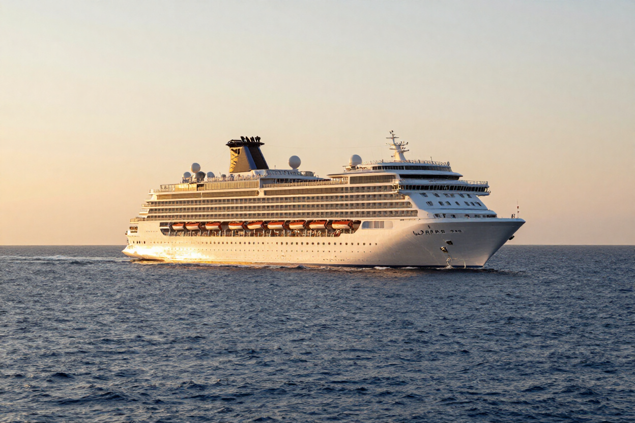 Mid-sized cruise ship at sea during late afternoon