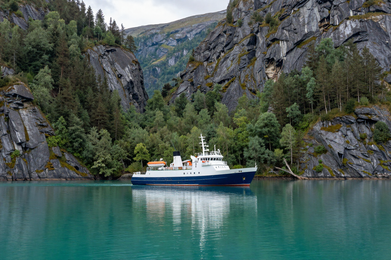 Small expedition ship in a calm sheltered fjord