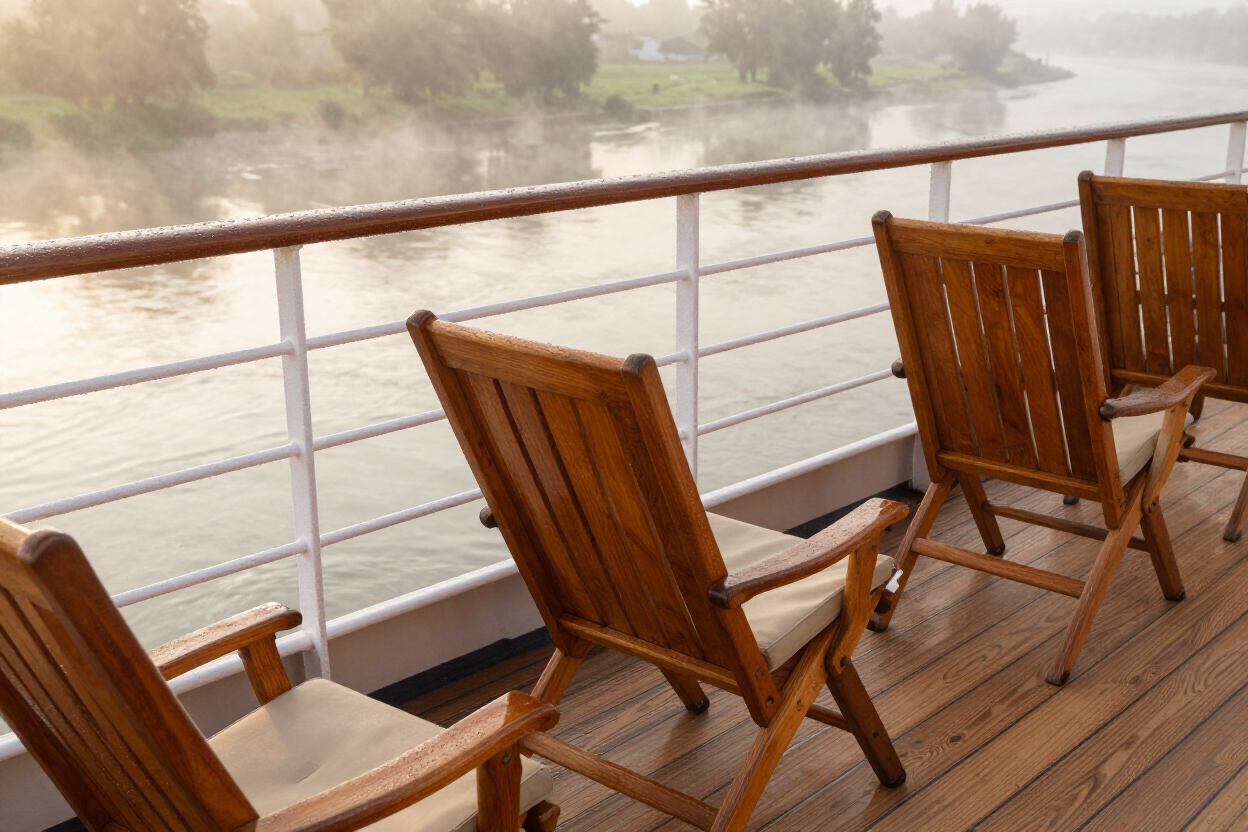 River cruise ship deck overlooking a misty European river