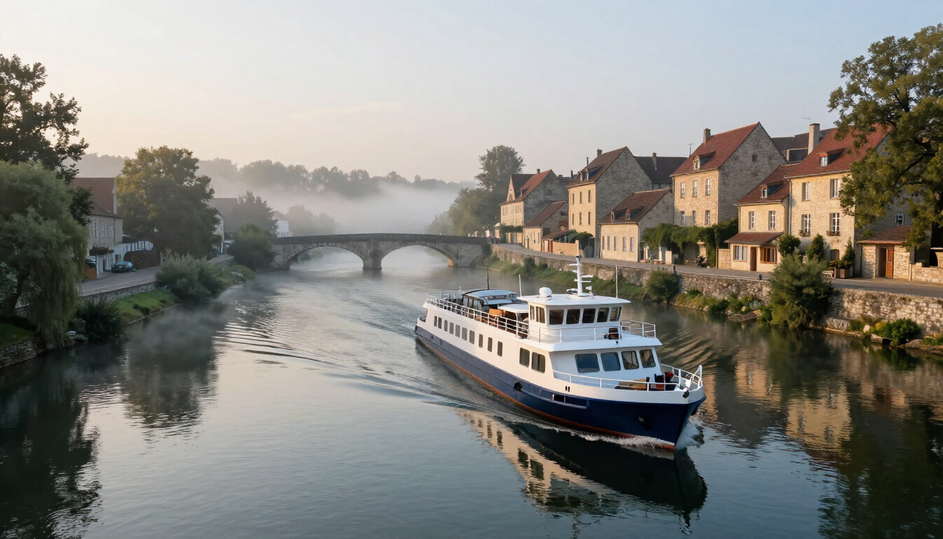 Small cruise ship on a European river past a medieval town