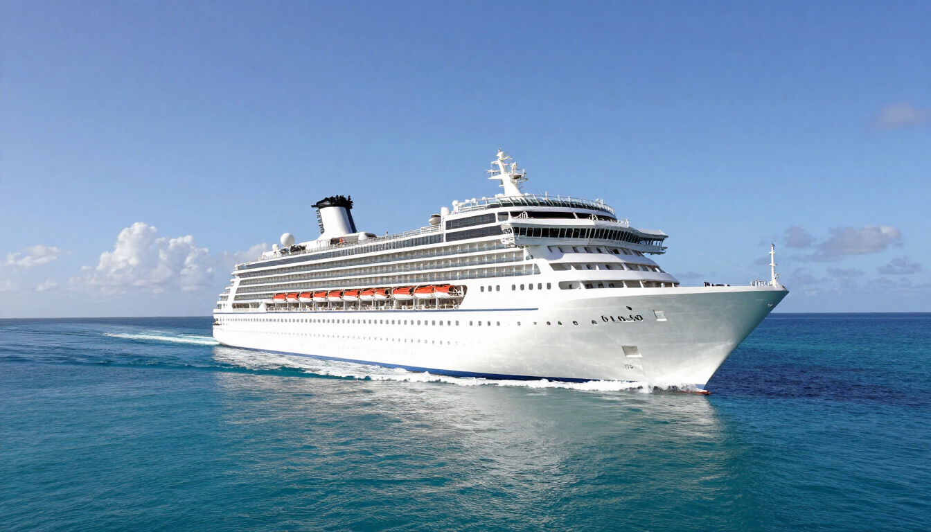 Classic ocean cruise ship sailing through blue-green Caribbean waters