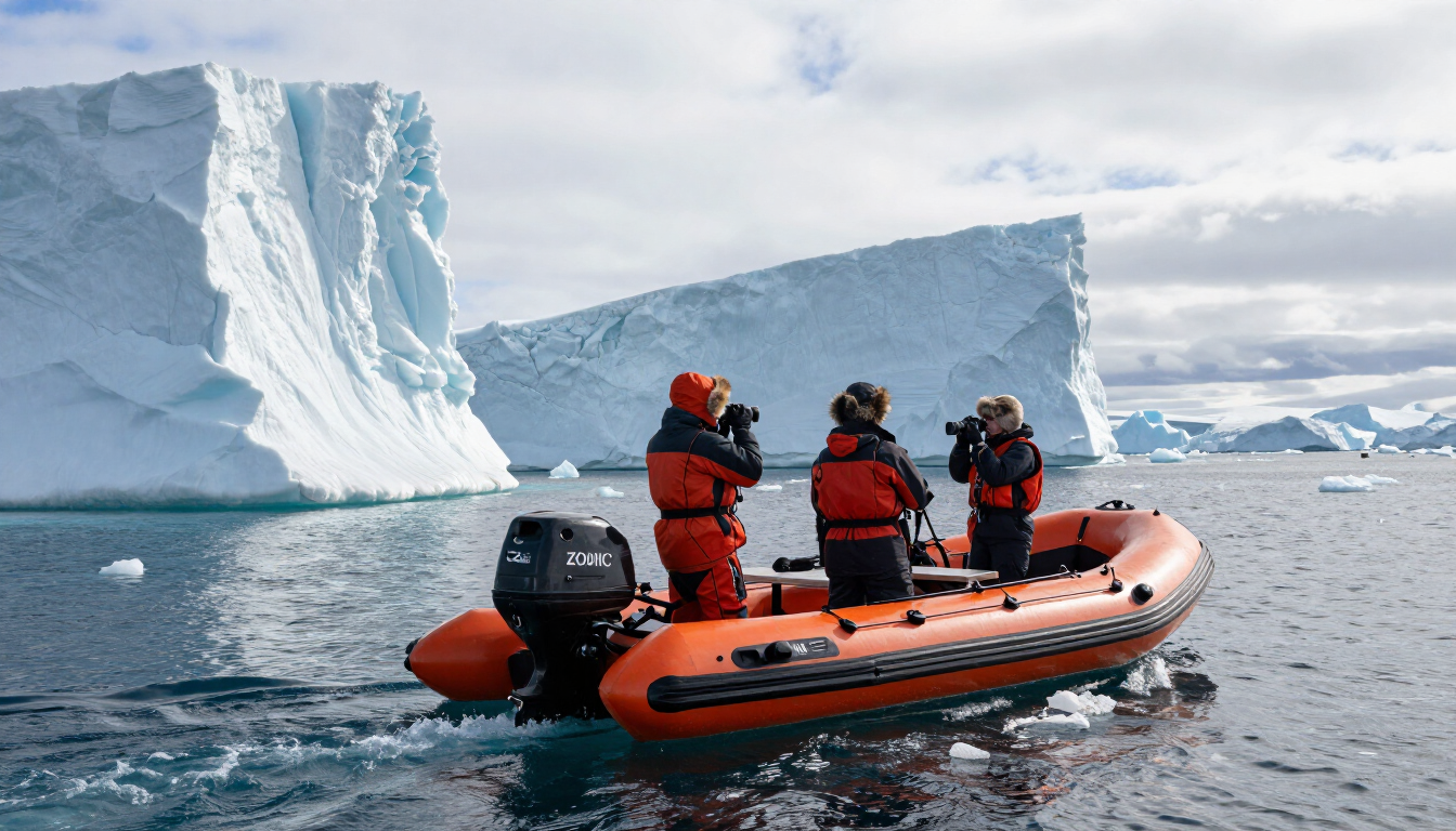 Zodiac inflatable with passengers exploring a glacial Arctic coastline