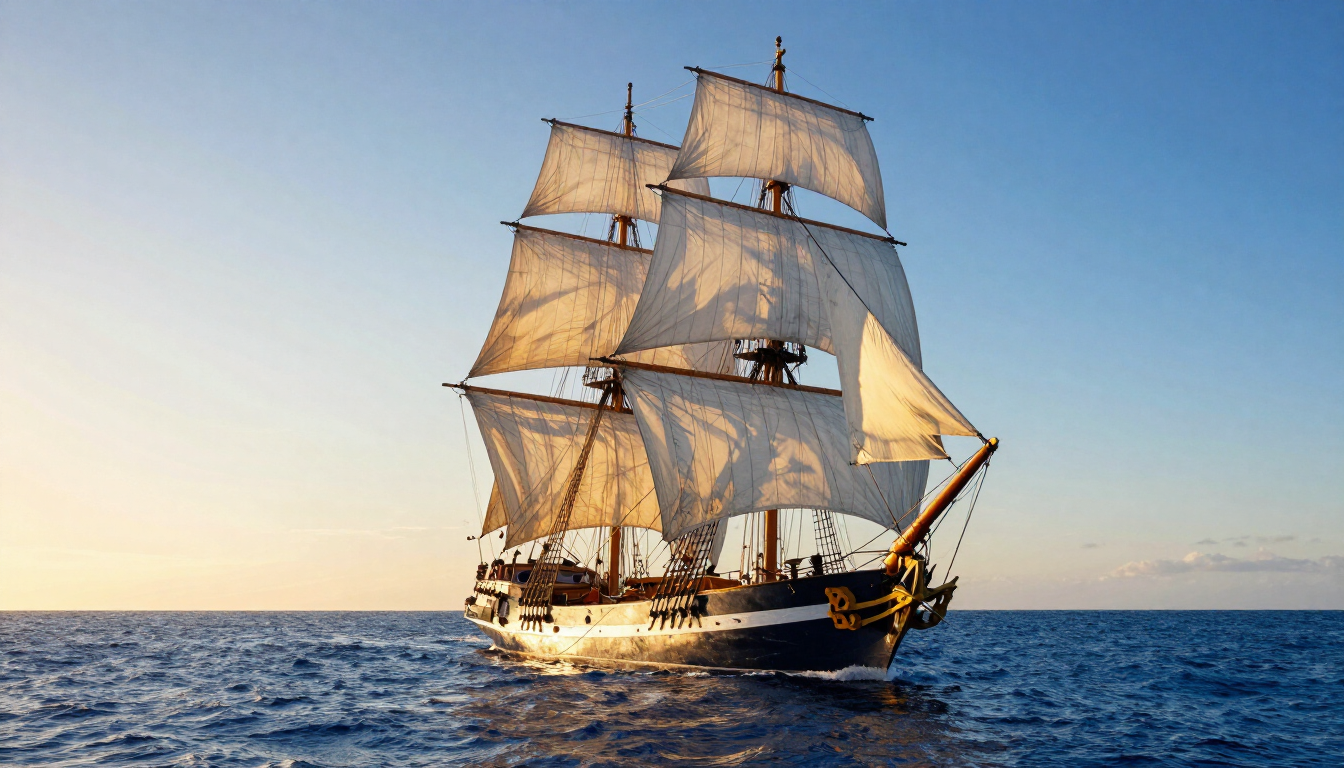 Tall ship under full sail in open blue water with low sun on horizon