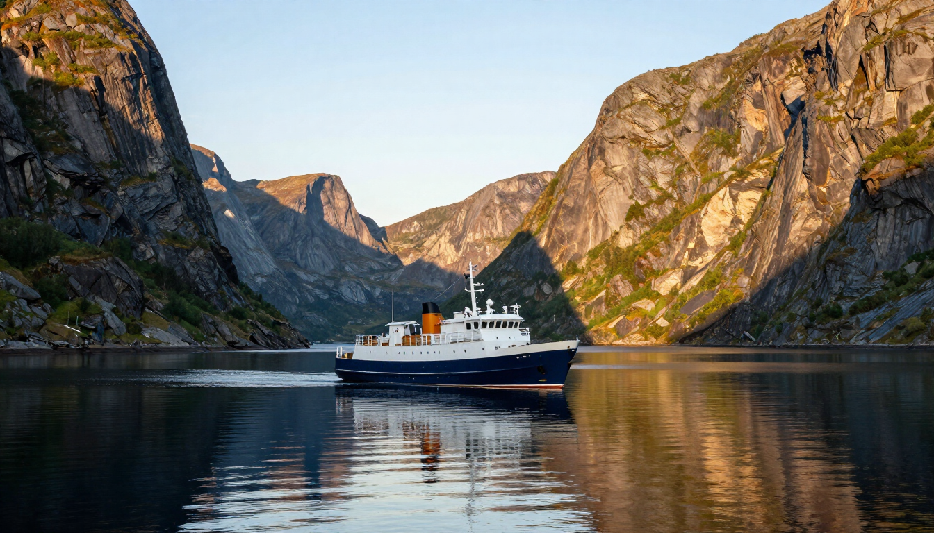 Small expedition ship anchored in a Norwegian fjord at morning
