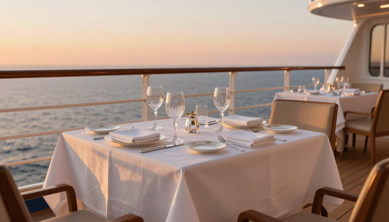 Elegantly set dining table on a luxury cruise ship deck at sunset