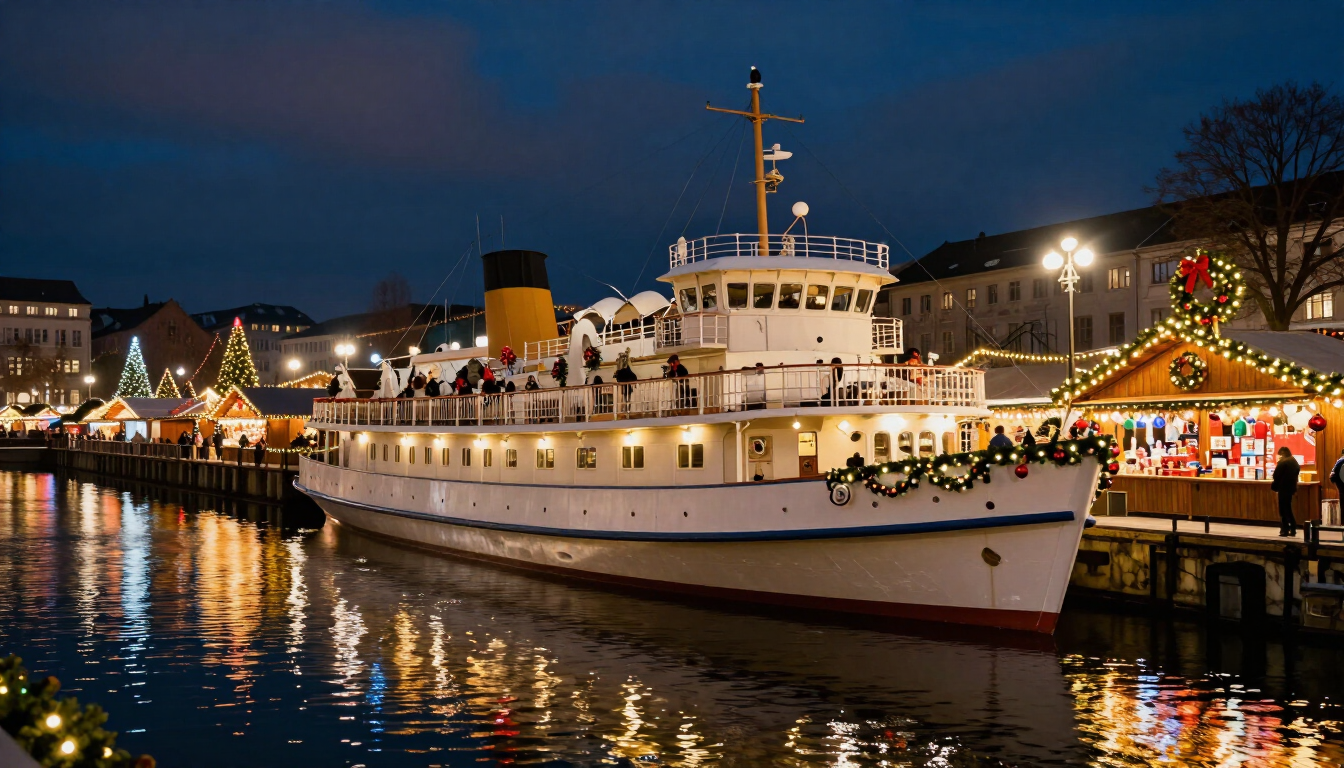 River cruise ship docked at a European Christmas market with festive lights