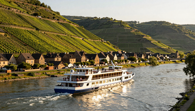 River cruise ship passing a medieval European village with vineyards