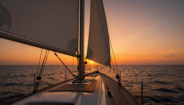 Elegant sailing yacht deck at sunset with rigging silhouetted against orange sky