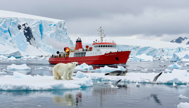 Small expedition vessel surrounded by ice floes in dramatic polar scenery