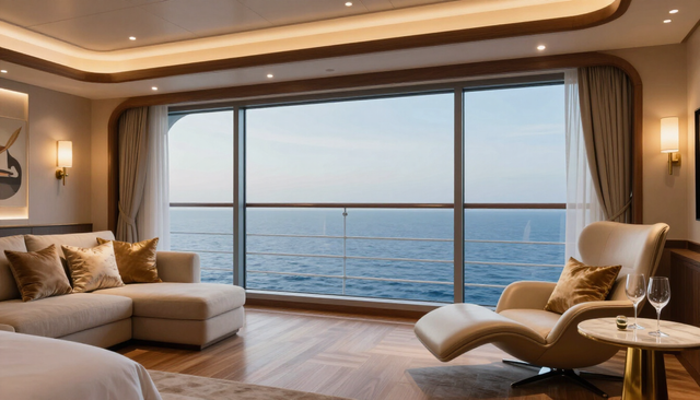 Elegantly appointed luxury ship suite with floor-to-ceiling ocean views