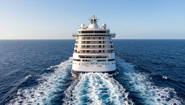 Premium ocean cruise ship at sea with wake trailing into deep blue water