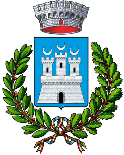 Stemma con castello bianco su scudo azzurro, coronato, fiancheggiato da rami di alloro verdi.