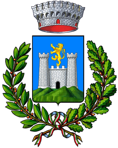 Stemma con scudo blu, castello e leone, incorniciato da una corona d'alloro verde e sormontato da una corona.