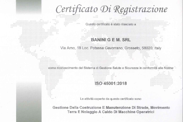 Certificate di registrazione for Bani G Srl, with pale gray text and a faint world map background