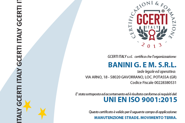 Logo del certificato Gcert Italy GEMSrl con la dicitura “UNI EN ISO 9001:2015” e i colori della bandiera italiana.