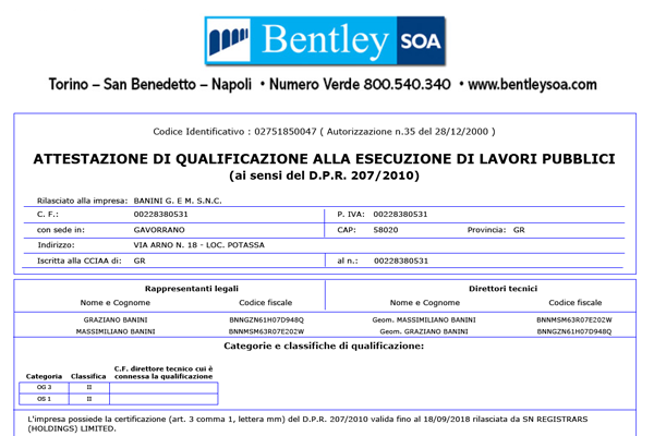 Modulo di certificazione di qualificazione Bentley SOA in italiano con logo blu e layout a tabella
