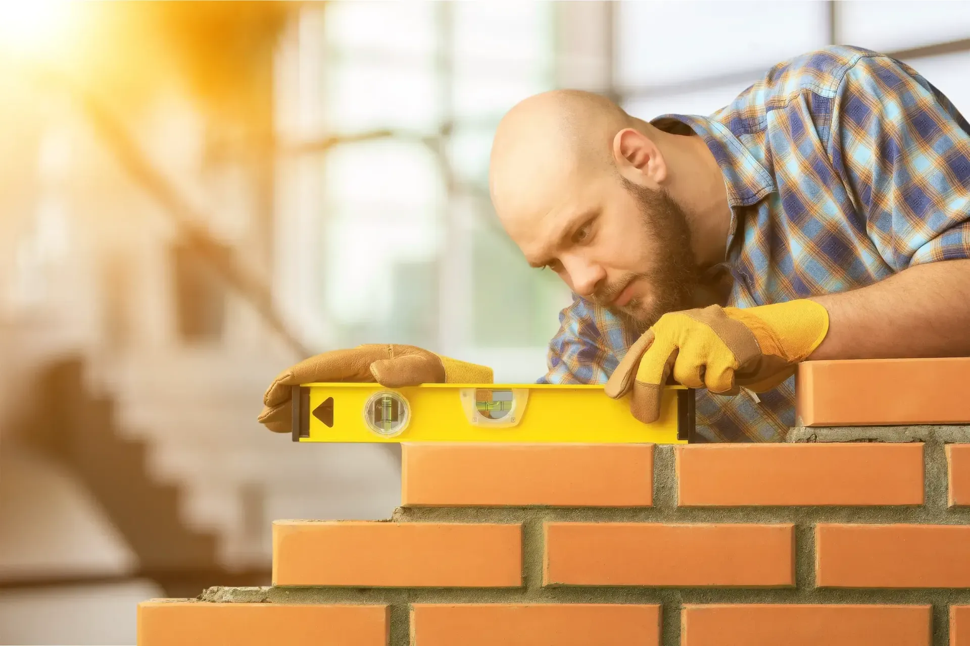 A man is using a level to check the level of a brick wall.