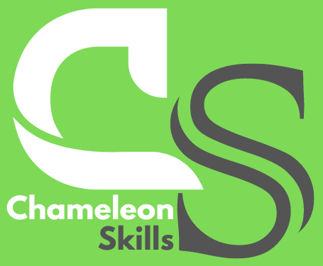 A logo for chameleon skills on a green background