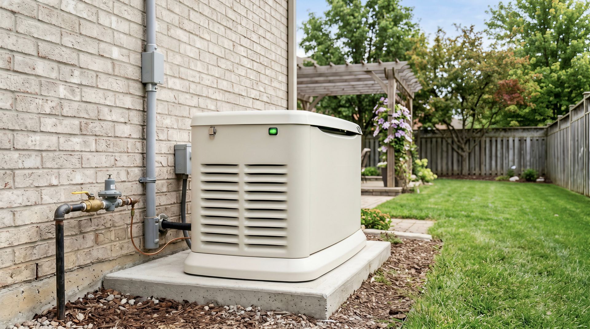 Standby generator on a concrete pad beside a brick home with gas line, for electrician services
