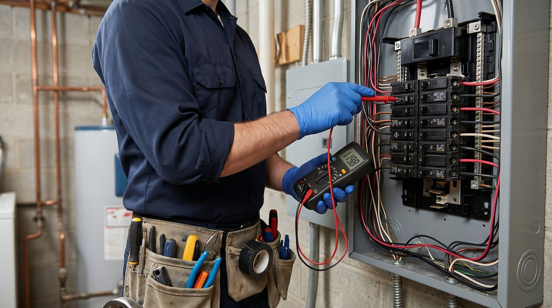 Electrician testing a home breaker panel during residential electrician services