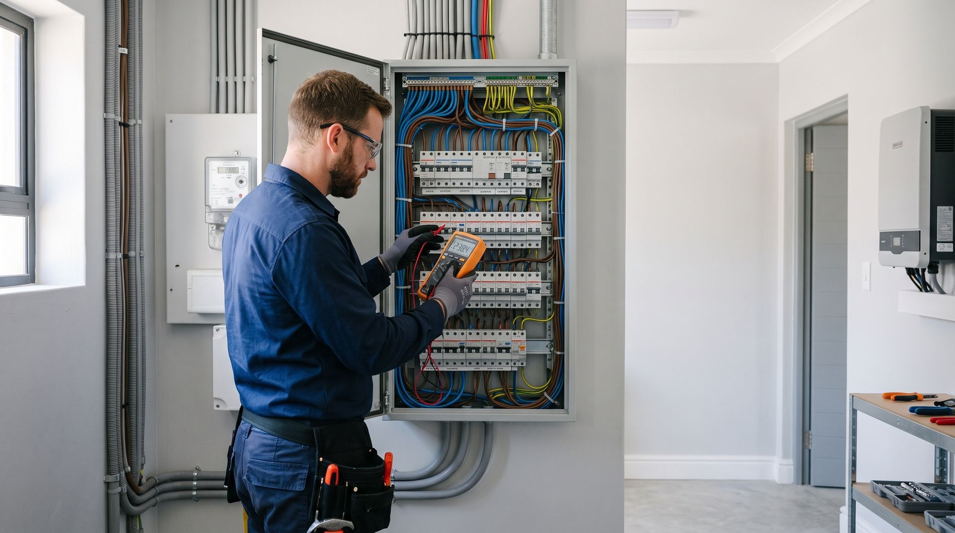 Residential electrician testing wiring inside an open electrical panel with a multimeter