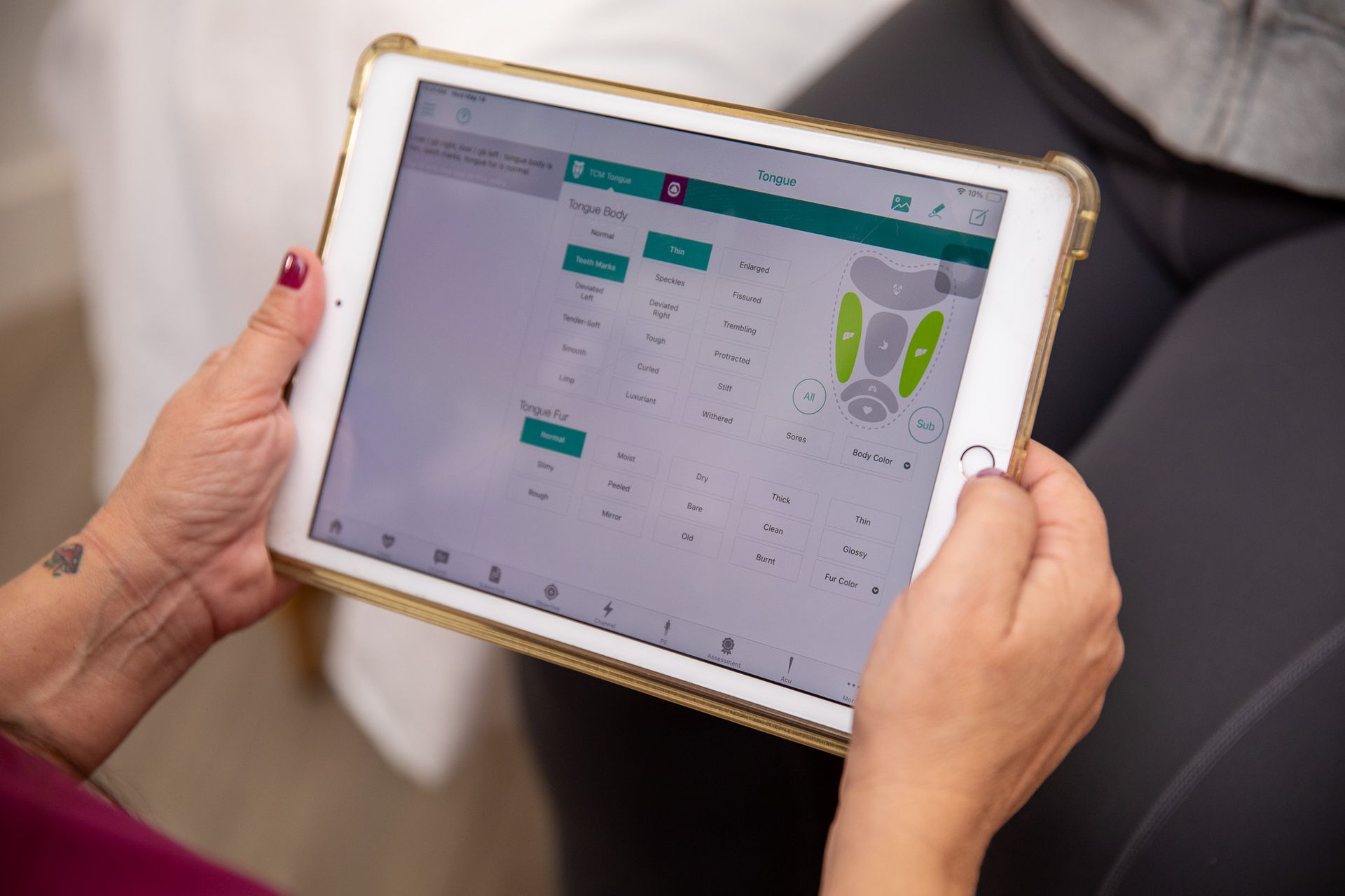 Hands holding a tablet showing a green-and-white data dashboard