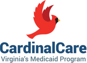 CardinalCare logo with red cardinal bird and blue text, Virginia’s Medicaid Program