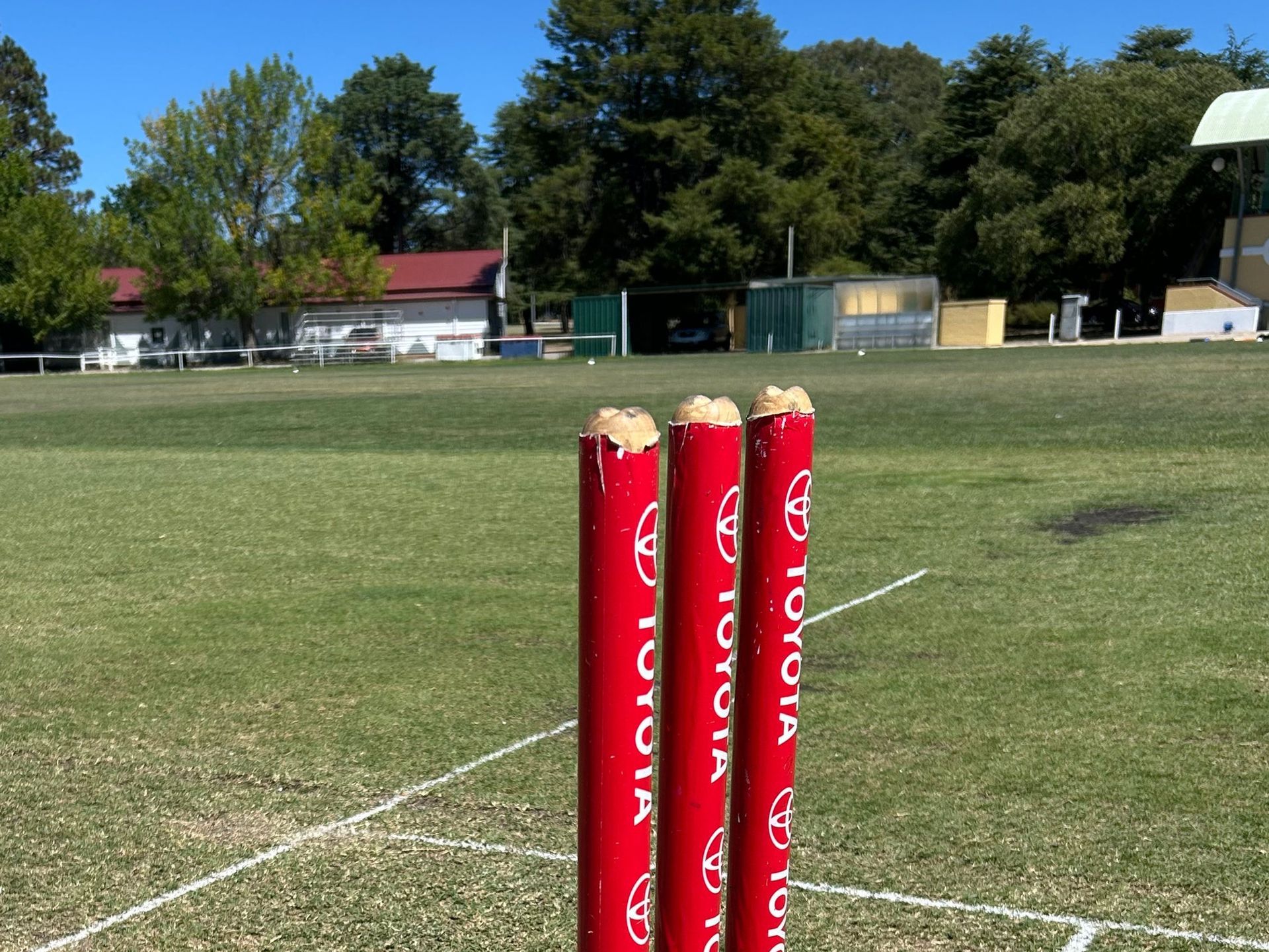 Red cricket stumps on a grassy field with trees and buildings in the background