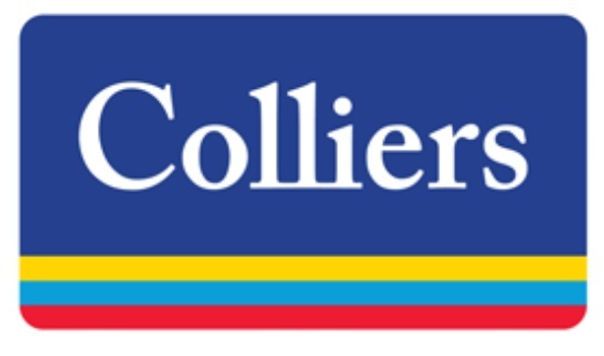 Colliers logo on a blue background with yellow, cyan, and red stripes along the bottom