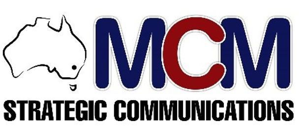 MCM Strategic Communications logo with blue and red lettering and a white Australia outline