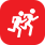 Red square icon with two white running figures and a curved yellow shape above them