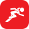 White running figure on a red square background with rounded corners.