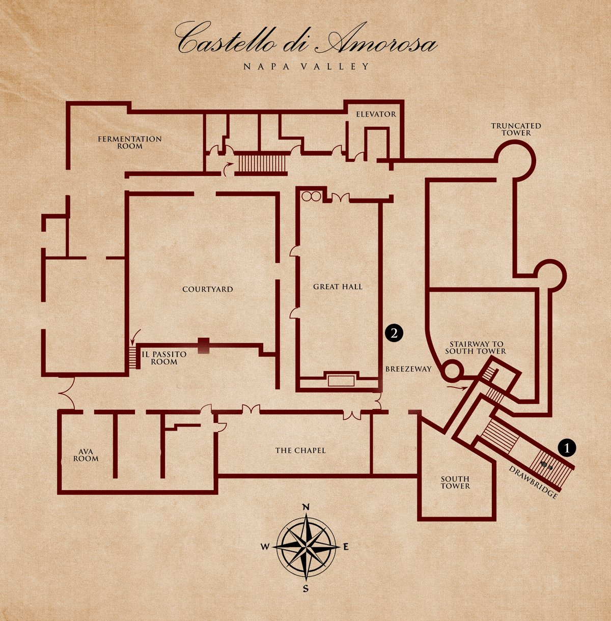 Floor plan of Castello di Amorosa, a castle. Brown lines on a parchment background. Includes rooms, stairs, and towers.