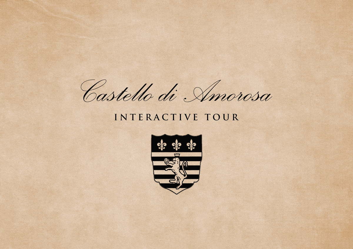 Castello di Amorosa Interactive Tour logo on textured tan background; features a crest with black and white stripes and flowers.