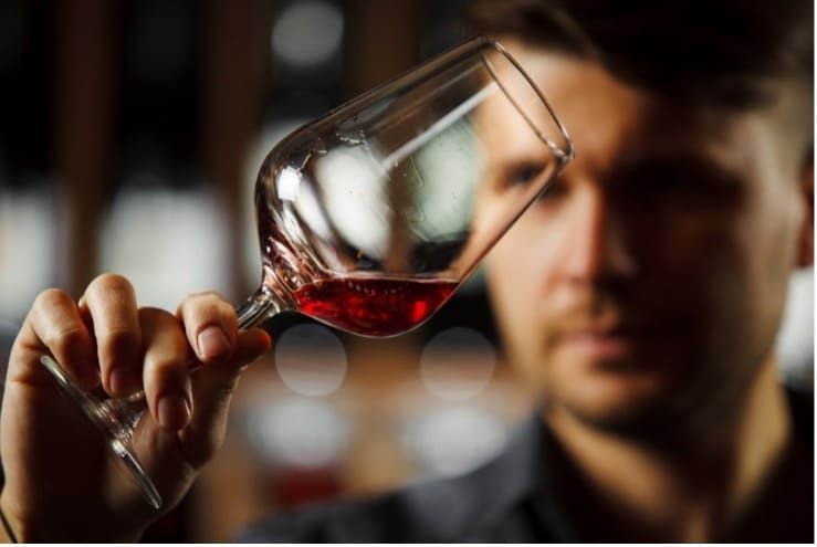 Man examining red wine in a glass, holding it up to the light.
