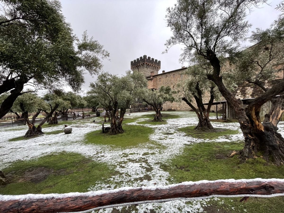 Snow covering Castello di Amorosa