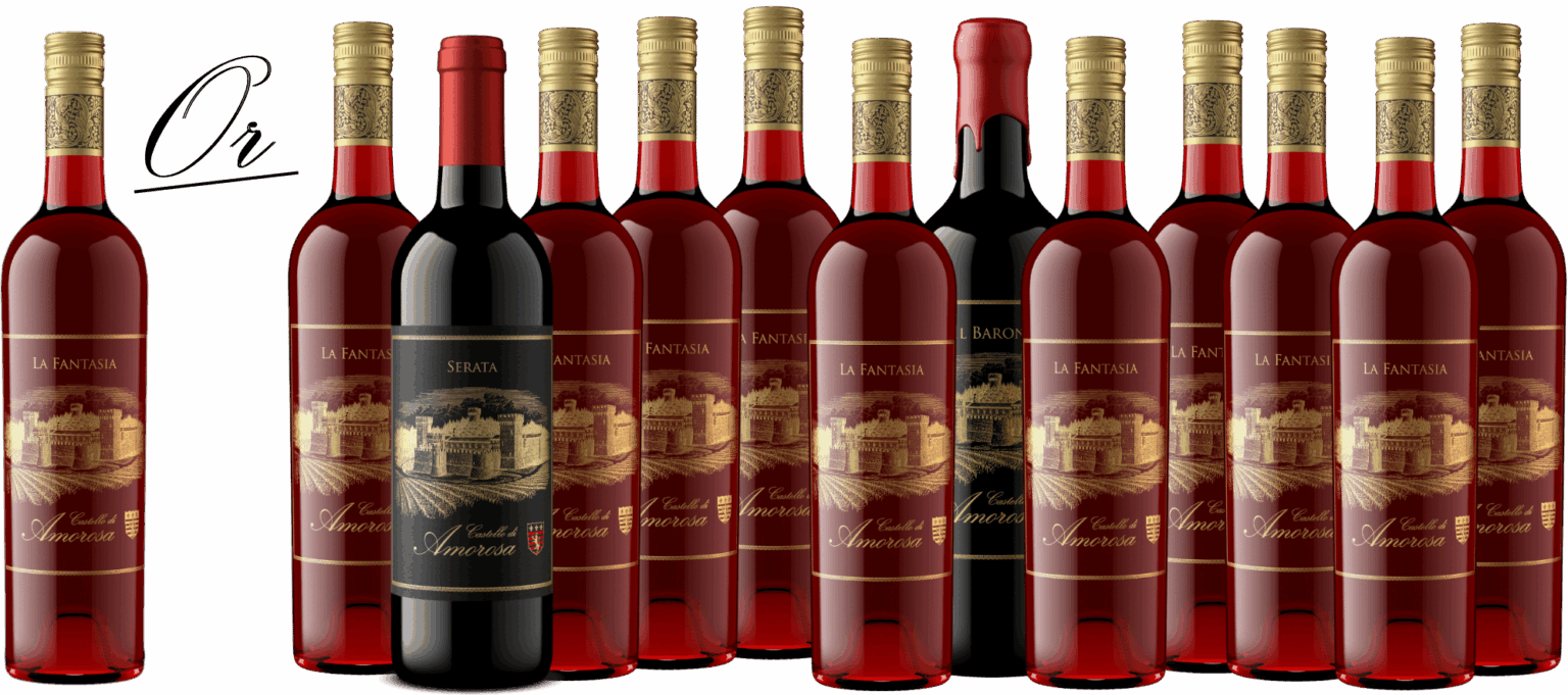 Row of red wine bottles with gold labels, one with a black label, on white. 