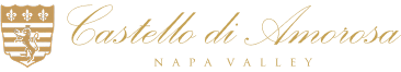 Castello di Amorosa wine logo with a crest and script text